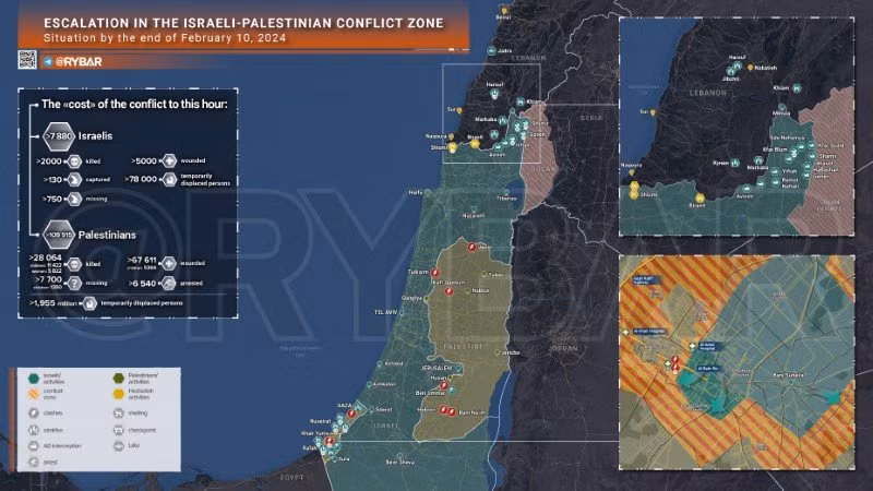 Bản đồ xung đột Israel - Hamas ngày 10/2. (Ảnh: Rybar)