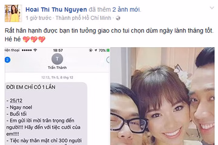 Lộ nội dung tin nhắn mời cưới khác người của Trấn Thành