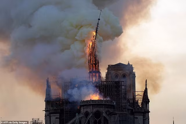 Gác chuông và ngọn tháp của Nhà thờ Đức Bà sụp đổ trong ngọn lửa ở trung tâm Paris vào ngày 15 tháng 4 Gác chuông và ngọn tháp của Nhà thờ Đức Bà sụp đổ trong ngọn lửa ở trung tâm Paris vào ngày 15 tháng 4