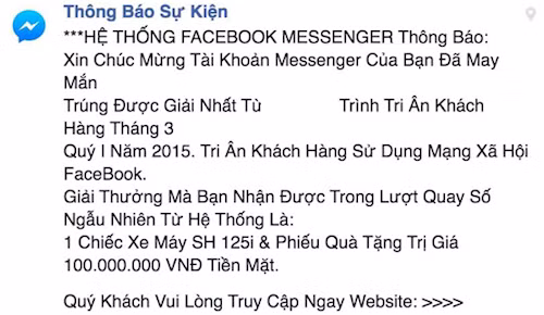Người dùng nhận được tin nhắn nói đã trúng thưởng và phải truy cập website để nhập thông tin. FB-1-9575-1426257149.jpg