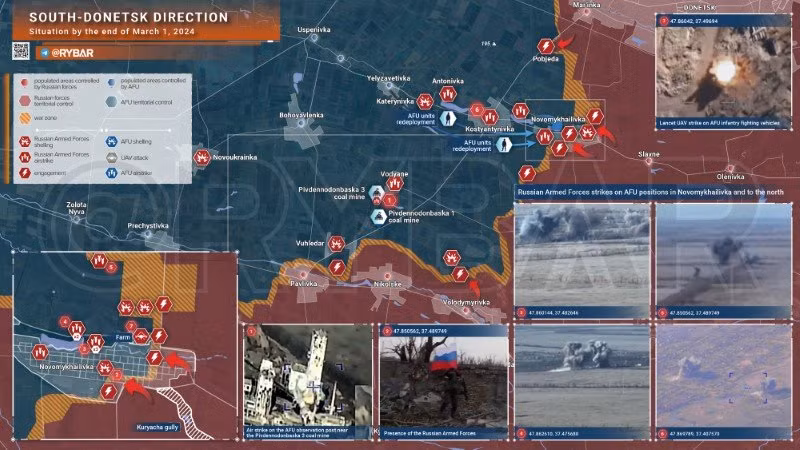 Bản đồ chiến sự Ukraine ngày 1/3, hướng Nam Donetsk. (Ảnh: Rybar)
