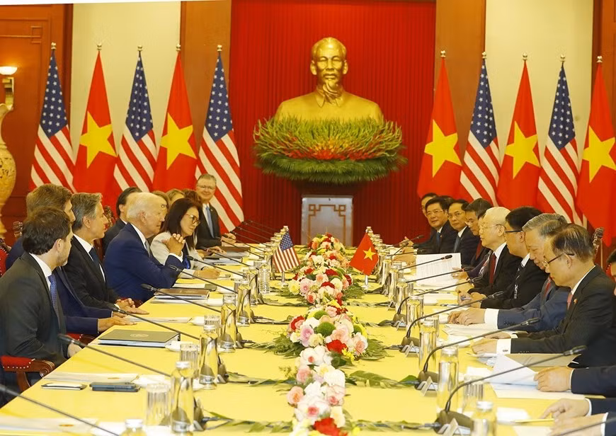 Tổng Bí thư Nguyễn Phú Trọng hội đàm với Tổng thống Hoa Kỳ Joe Biden. (Ảnh: Trí Dũng/TTXVN) Tổng Bí thư Nguyễn Phú Trọng hội đàm với Tổng thống Hoa Kỳ Joe Biden. (Ảnh: Trí Dũng/TTXVN)