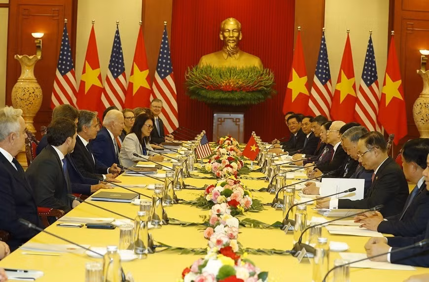 Tổng Bí thư Nguyễn Phú Trọng hội đàm với Tổng thống Hoa Kỳ Joe Biden. (Ảnh: Trí Dũng/TTXVN) Tổng Bí thư Nguyễn Phú Trọng hội đàm với Tổng thống Hoa Kỳ Joe Biden. (Ảnh: Trí Dũng/TTXVN)