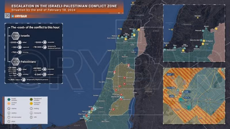 Bản đồ xung đột Israel - Hamas ngày 18/2. (Ảnh: Rybar) Bản đồ xung đột Israel - Hamas ngày 18/2. (Ảnh: Rybar)