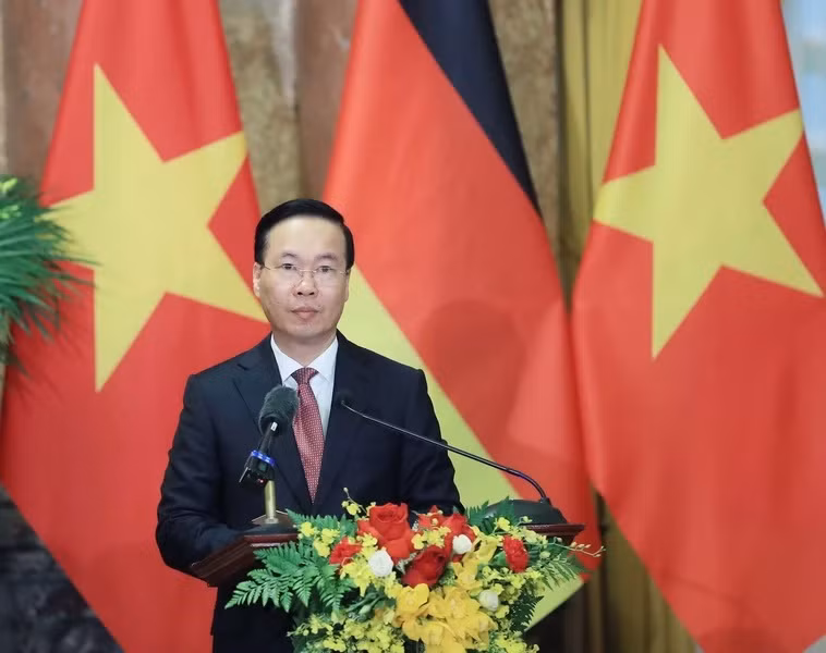 Chủ tịch nước Võ Văn Thưởng phát biểu tại cuộc gặp gỡ báo chí. (Ảnh: Thống Nhất/TTXVN)