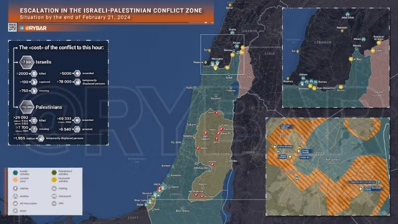 Bản đồ xung đột Israel - Hamas ngày 21/2. (Ảnh: Rybar) Bản đồ xung đột Israel - Hamas ngày 21/2. (Ảnh: Rybar)