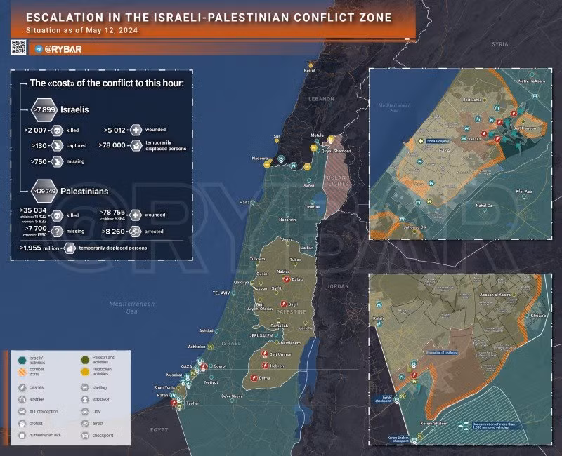 Bản đồ xung đột Israel - Hamas ngày 12/5. (Ảnh: Rybar)
