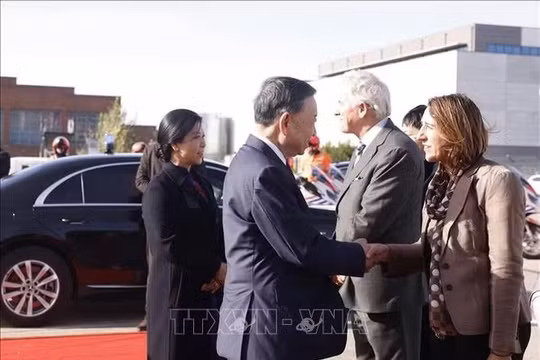 Quan chức Bỉ tiễn Tổng Bí thư, Chủ tịch nước Tô Lâm và Phu nhân Ngô Phương Ly tại Sân bay quân sự Melsbroek, Brussels. Ảnh: Thống Nhất/TTXVN