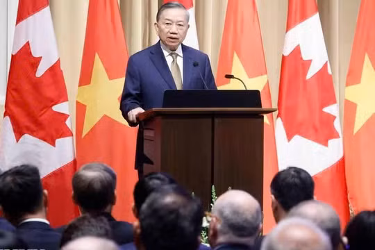 Tổng Bí thư, Chủ tịch nước Tô Lâm phát biểu chính sách "Quan hệ Đối tác Chiến lược Việt Nam – Canada trong bối cảnh thế giới đầy biến động". Ảnh: TTXVN