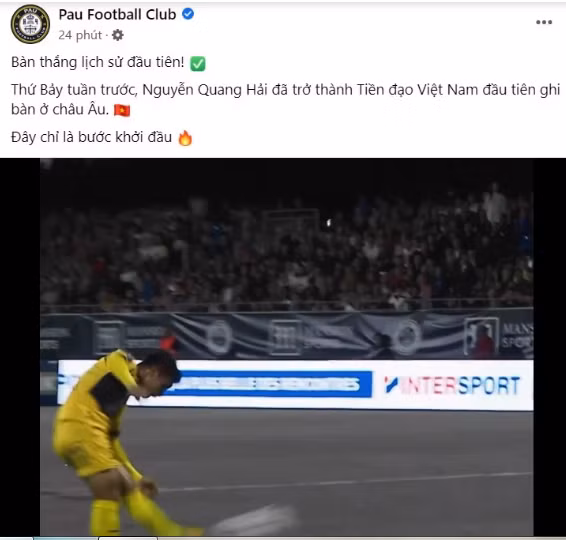 Quang Hải được trang chủ Pau FC tôn vinh sau bàn thắng đầu tiên ở Ligue. 