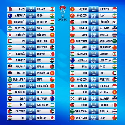 Lịch thi đấu 36 trận vòng bảng AFC Asian Cup 2023.