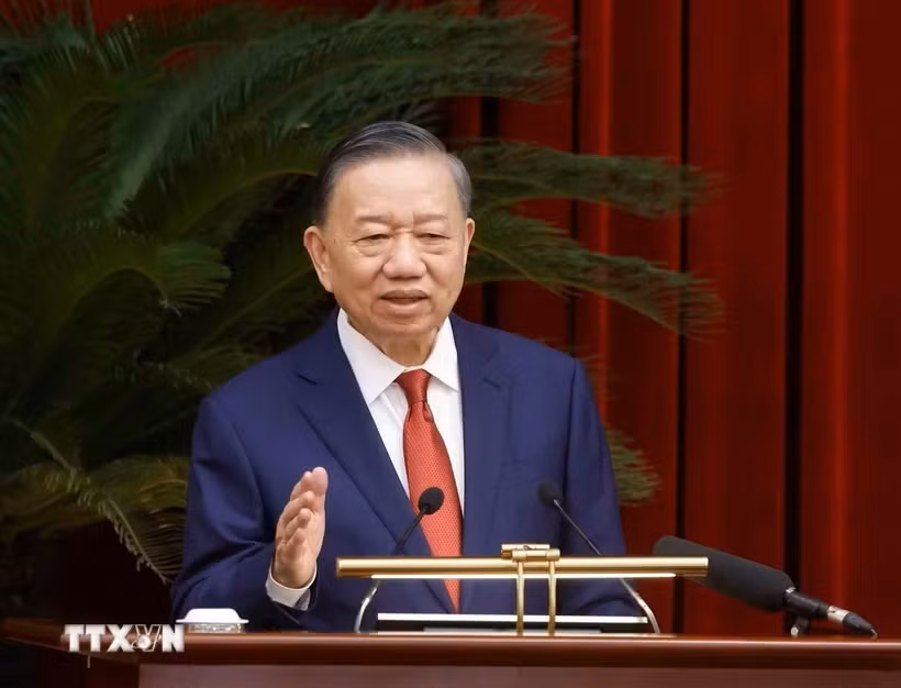 Tổng Bí thư, Chủ tịch nước Tô Lâm phát biểu bế mạc Hội nghị lần thứ tư Ban Chấp hành Trung ương Đảng khóa XIV. (Ảnh: Thống Nhất/TTXVN)