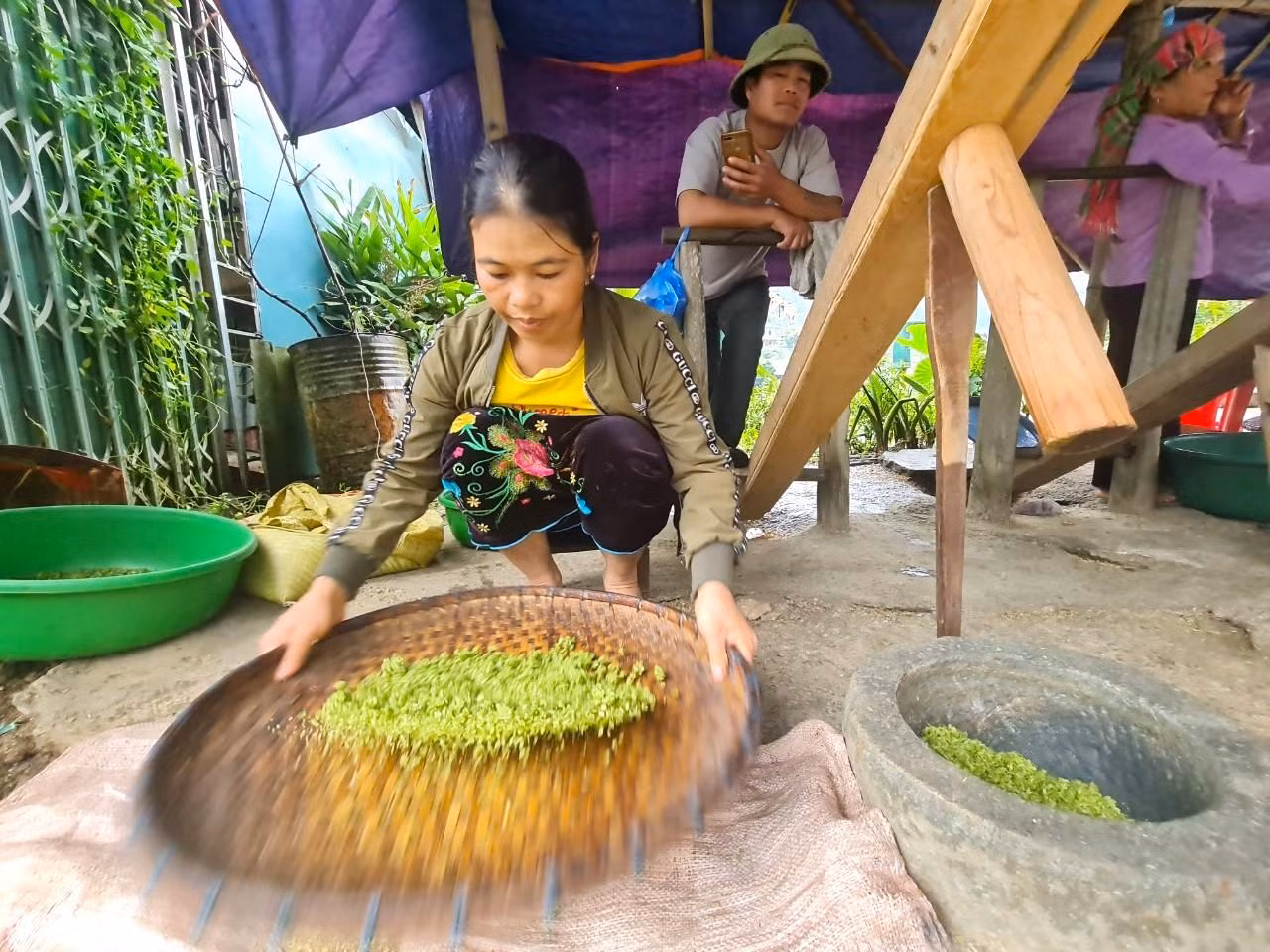 Sau khi giã xong, cốm sẽ được múc ra để sàng sẩy, loại vỏ trấu.