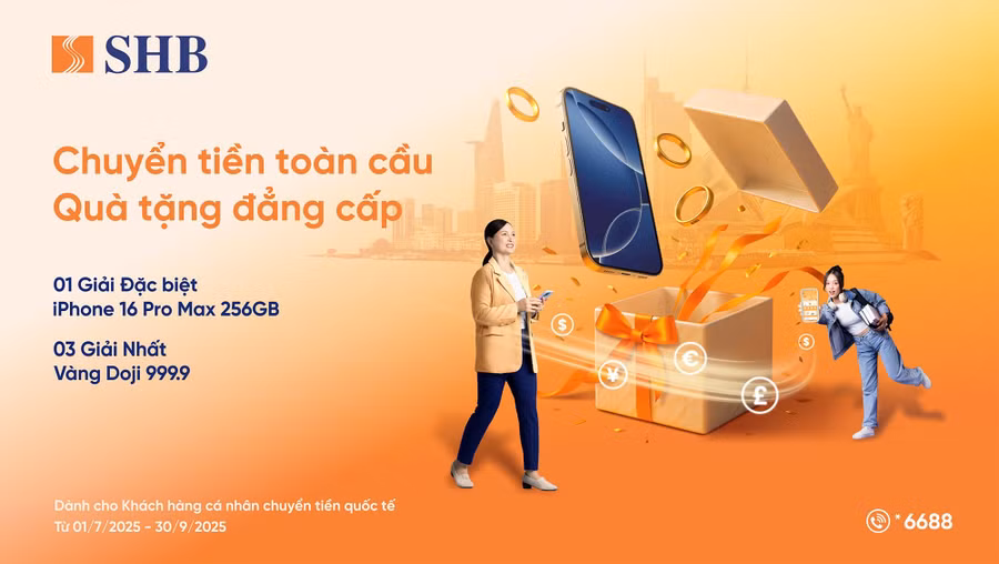Cơ hội trúng iPhone 16 Pro max & vàng 999.9 khi chuyển tiền quốc tế tại SHB