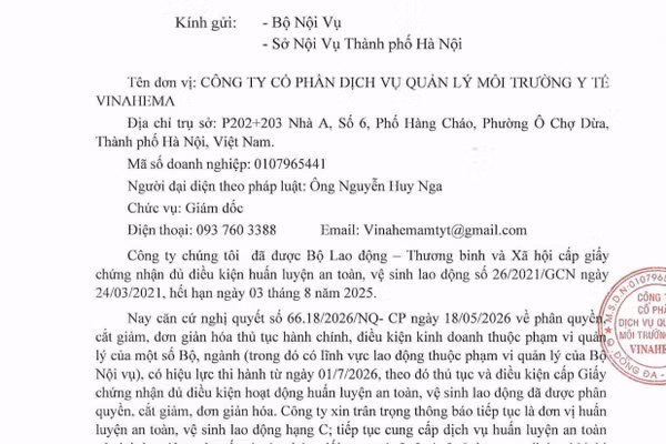 Công ty VINAHEMA tiếp tục là đơn vị huấn luyện an toàn, vệ sinh lao động hạng C 