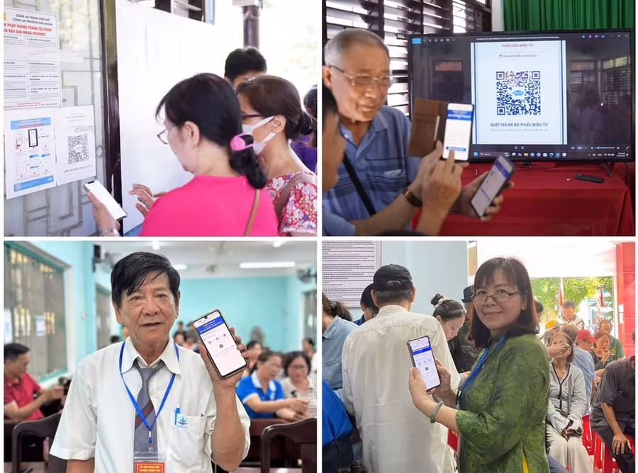 Cử tri phường Thuận Hóa, TP Huế bỏ phiếu bằng hình thức quét mã QR qua Smartphone nhanh chóng, thuận tiện.