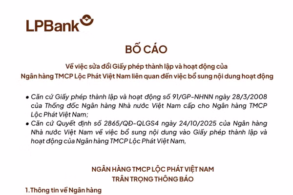 Ngân hàng TMCP Lộc Phát Việt Nam thông báo bổ sung nội dung hoạt động