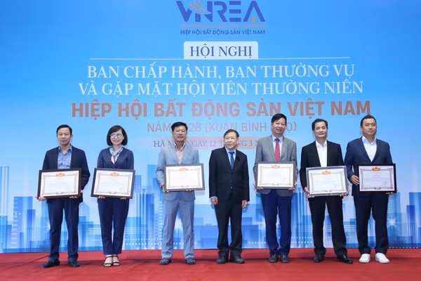 Đại diện Tập đoàn Geleximco (ngoài cùng bên trái) nhận bằng khen của Hiệp hội Bất động sản Việt Nam .