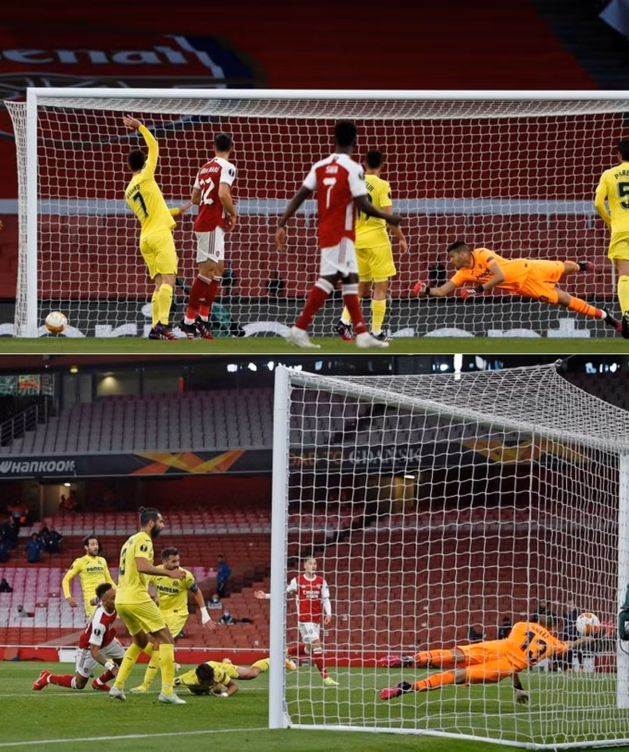 Aubameyang 2 lần dứt điểm trúng cột dọc. (Ảnh: UEFA)