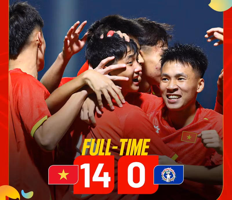 U17 Việt Nam gây ấn tượng mạnh ở vòng loại U17 châu Á 2026 khi thắng U17 Bắc Mariana với tỉ số 14-0 qua đó vươn lên dẫn đầu bảng C sau lượt trận hai khi đang hơn U17 Malaysia về hiệu số bàn thắng bại. fulltime-afcu17ac2026q-vievnmi.png