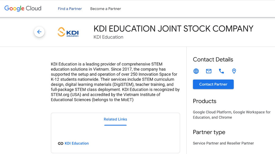 Thông tin chính thức về KDI Education tại trang đối tác của Google Cloud. 3.png