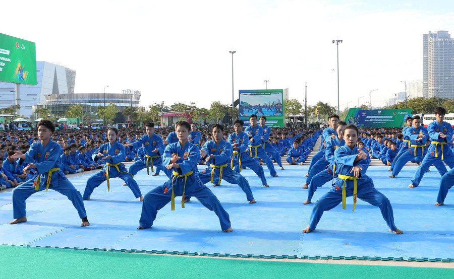 Mở màn phần đồng diễn là phần biểu diễn võ thuật của các vận động viên chuyên nghiệp.