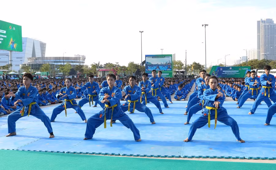 Mở màn phần đồng diễn là phần biểu diễn võ thuật của các vận động viên chuyên nghiệp.