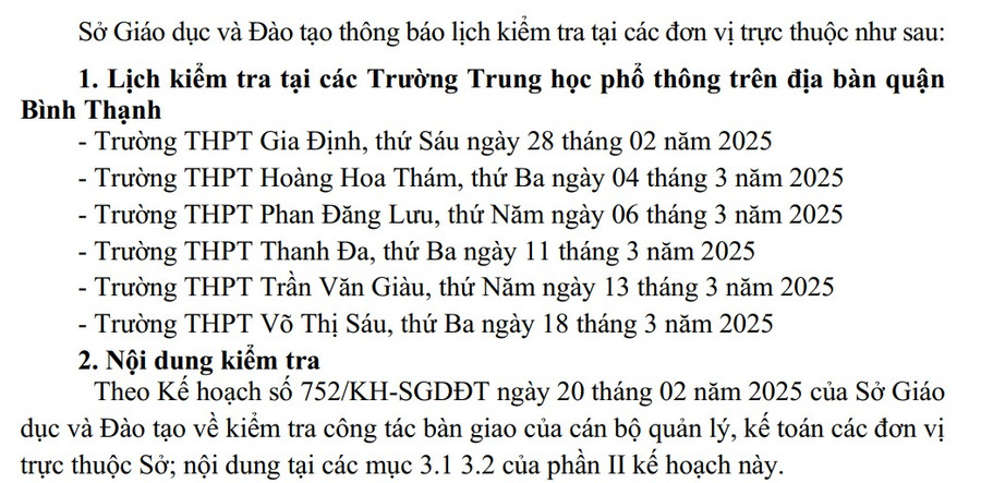 Trong đợt đầu tiên Sở GD&ĐT TPHCM sẽ kiểm tra 6 trường THPT tại quận Bình Thạnh.