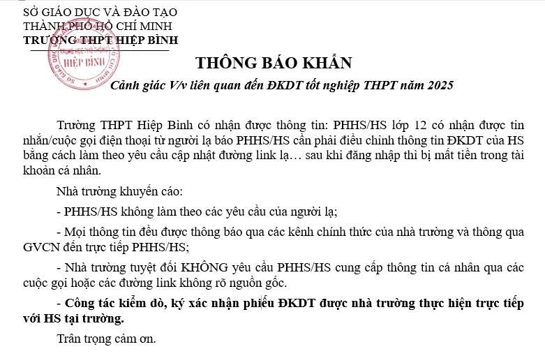 Trường THPT Hiệp Bình ra thông báo khẩn. Ảnh: NTCC