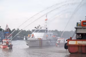 Diễn tập phương án chữa cháy, cứu nạn tại Cảng cá Tắc Cậu, An Giang.