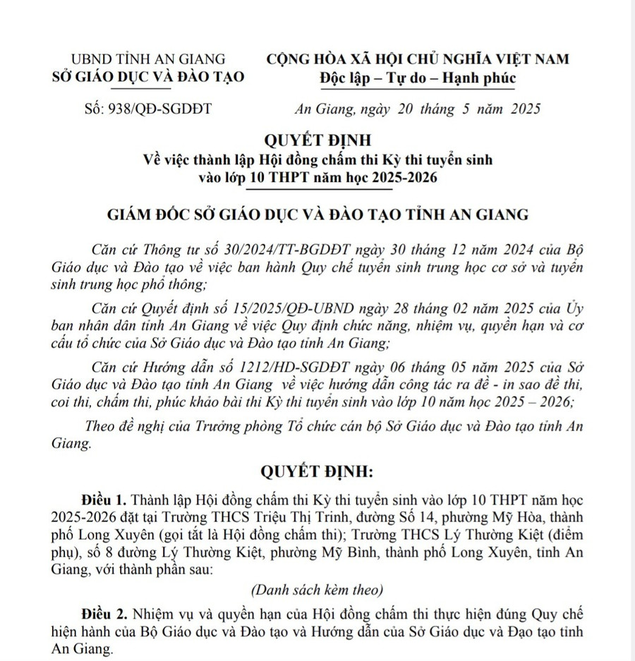 Quyết định thành lập Hội đồng chấm thi Kỳ thi tuyển sinh vào lớp 10 THPT năm học 2025 - 2026. (Ảnh: TN) 1000043631.jpg
