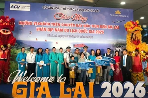 Những du khách đầu tiên và phi hành đoàn trên chuyến bay vào sáng 1/1 được tỉnh Gia Lai chào đón ngay tại sân bay.