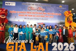 Những du khách đầu tiên và phi hành đoàn trên chuyến bay vào sáng 1/1 được tỉnh Gia Lai chào đón ngay tại sân bay.