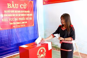 Cử tri người Xơ Đăng trong trang phục truyền thống bỏ phiếu bầu cử.