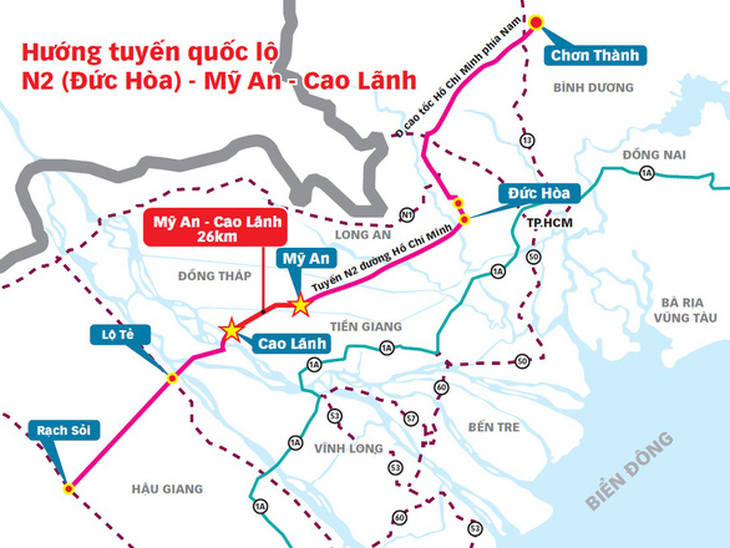 Vị trí tuyến cao tốc Mỹ An - Cao Lãnh trong lý trình kết nối với tuyến N2 và đường Hồ Chí Minh. (Nguồn: Ban quản lý dự án Mỹ Thuận) Vị trí tuyến cao tốc Mỹ An - Cao Lãnh trong lý trình kết nối với tuyến N2 và đường Hồ Chí Minh. (Nguồn: Ban quản lý dự án Mỹ Thuận)