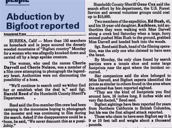 Bài báo viết về câu chuyện Cherie Darvell bị Bigfoot bắt cóc.