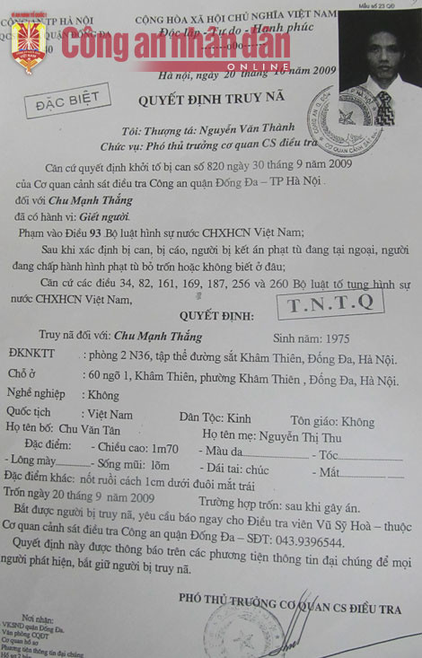 Lệnh truy nã Chu Mạnh Thắng.