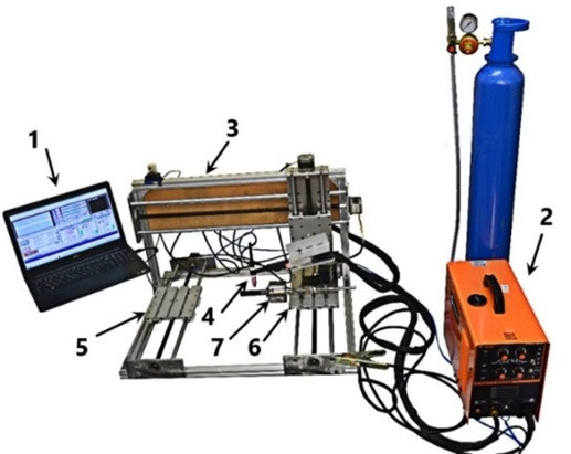 Thiết bị thấm carbon bằng dòng plasma hồ quang. 1: Máy tính, 2: Máy hàn Tig 250P, 3: Khung máy, 4: Mỏ hàn, 5: Bàn đặt chi tiết, 6: Bàn đặt chi tiết, 7: Mâm cặp K80.