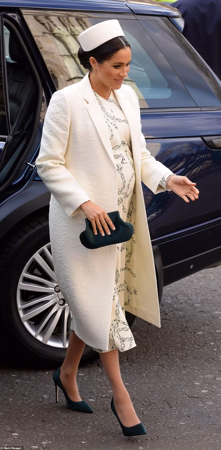 Victoria Beckham’s chain-print dress, £1,668, and coat, £2,250, were Meghan’s choice at Westminster Abbey last month