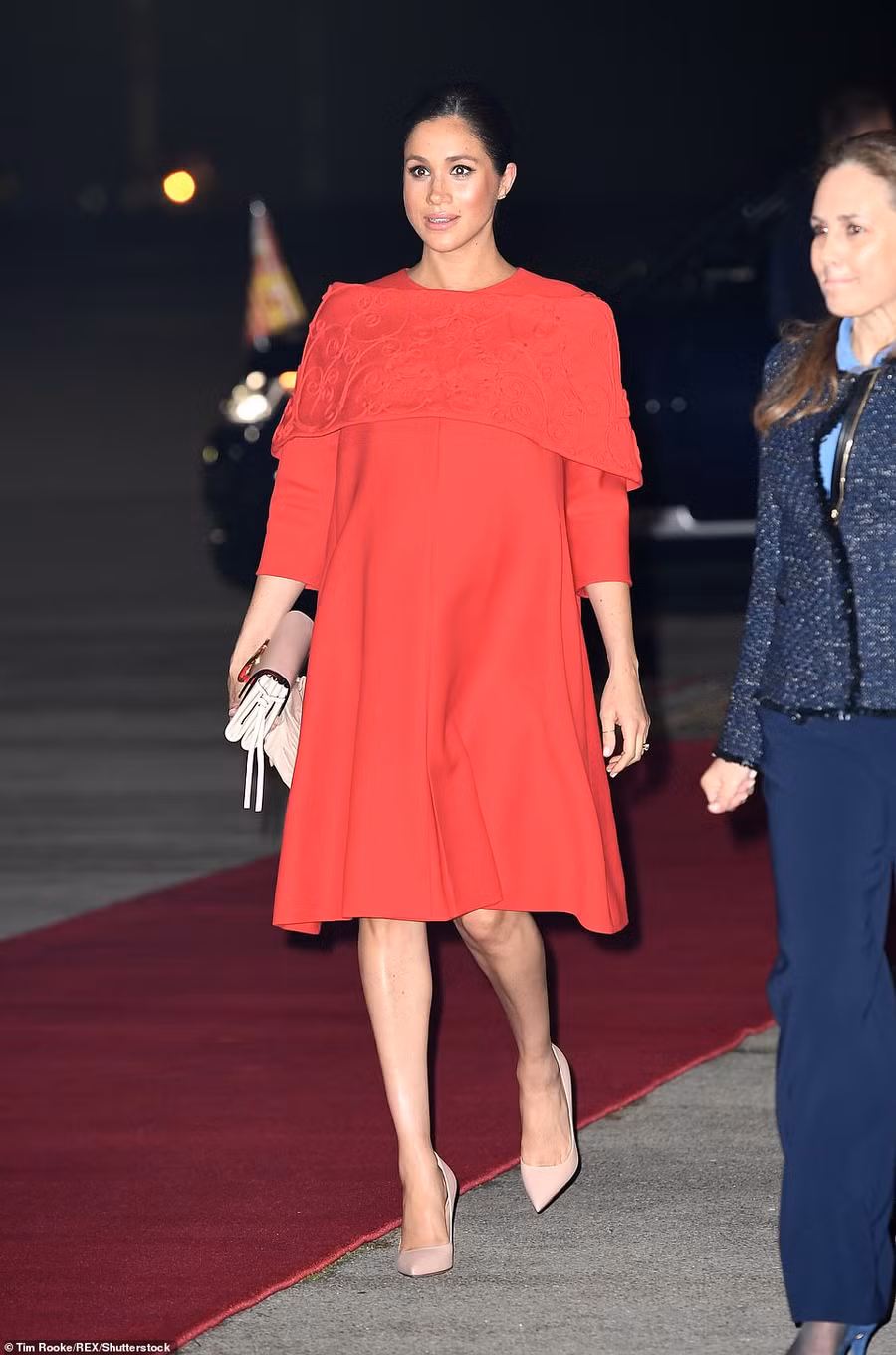 A bright red Valentino dress, est. £6,000, gave a nod to the Moroccan flag when Meghan arrived in the country in February. She also wore nude Dior heels, £600