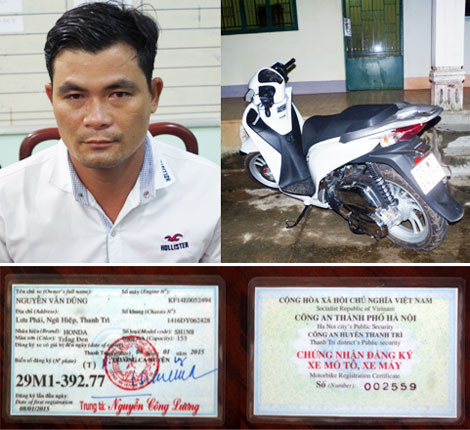 Nguyễn Phùng Đại cùng chiếc xe tang vật (Ảnh trên). Giấy chứng nhận đăng ký xe do Đại và đồng bọn làm giả Nguyễn Phùng Đại cùng chiếc xe tang vật (Ảnh trên). Giấy chứng nhận đăng ký xe do Đại và đồng bọn làm giả