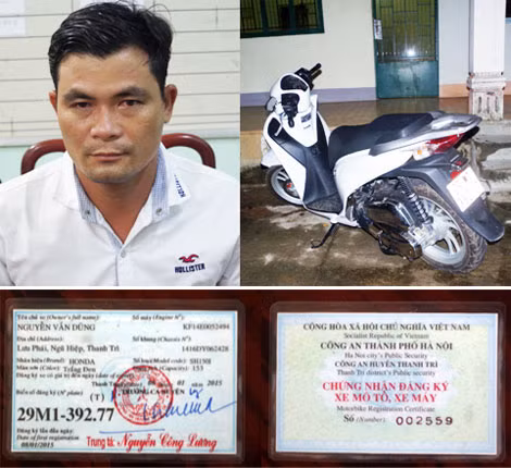 Nguyễn Phùng Đại cùng chiếc xe tang vật (Ảnh trên). Giấy chứng nhận đăng ký xe do Đại và đồng bọn làm giả