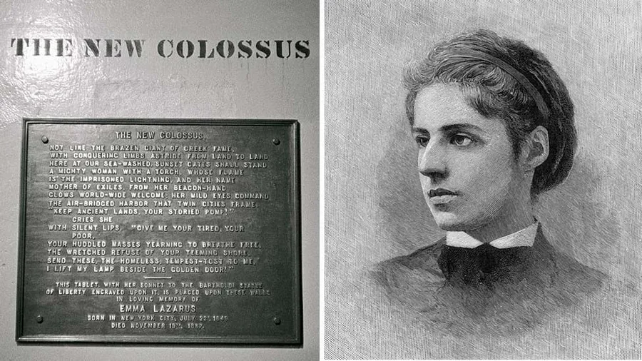 Nhà thơ Emma Lazarus (1849 - 1887) và bài thơ được khắc trên bệ tượng Nữ thần Tự do. Ảnh: Bbc.com