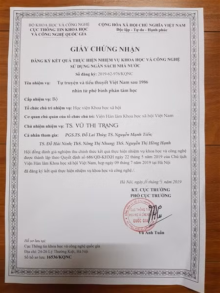 Giấy chứng nhận tham gia đề tài với đầy đủ thành viên tham gia.