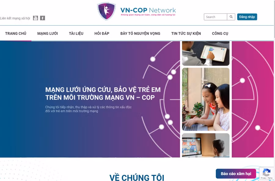 Ảnh chụp màn hình website mạng lưới, ứng cứu bảo vệ trẻ em trên môi trường mạng.