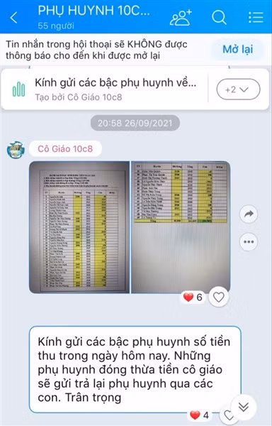 Danh sách học sinh lớp 10C8 đã nộp tiền theo phân loại của giáo viên chủ nhiệm.