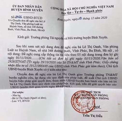 Mặc dù đã có văn bản chỉ đạo của UBND huyện Bình Xuyên nhưng bà Lê Thị Oanh vẫn không nhận được thông tin theo đề nghị.
