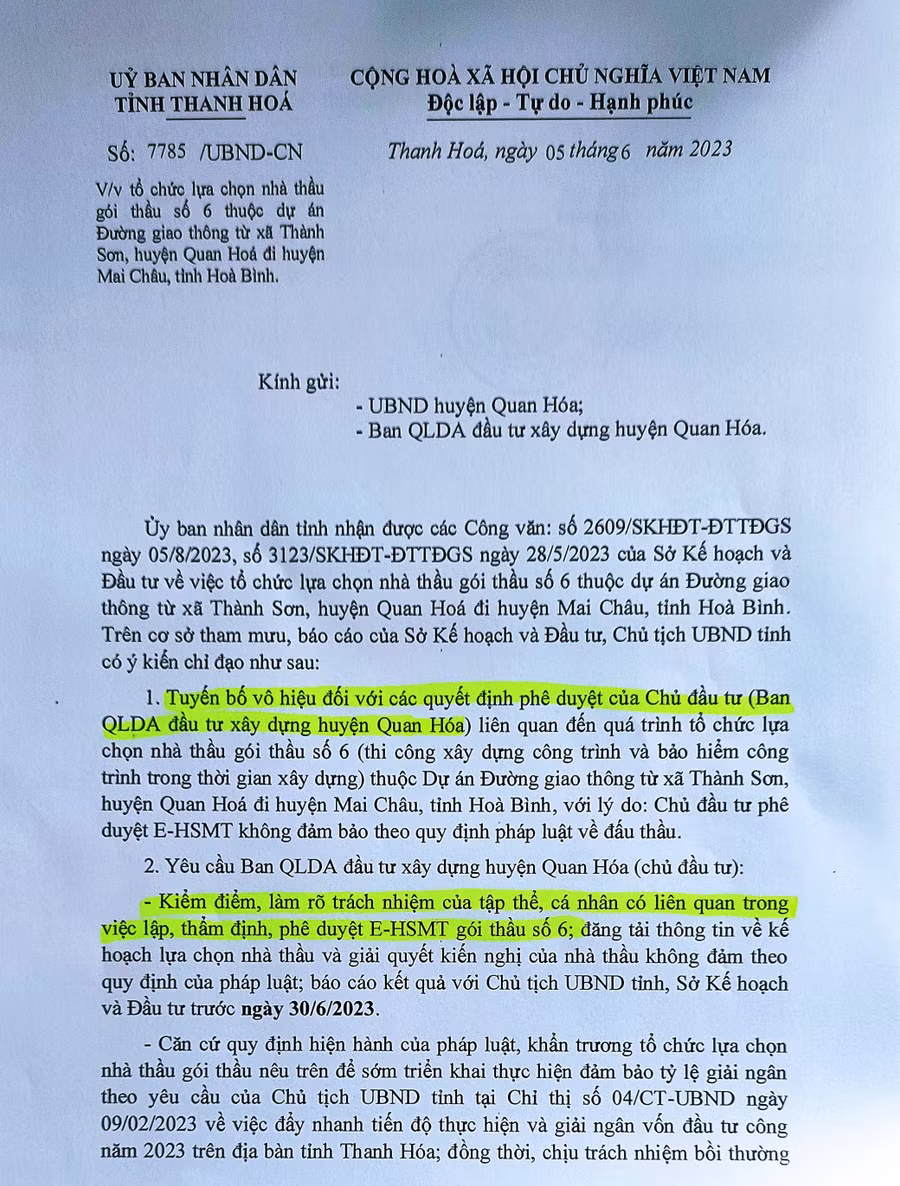 Công văn chỉ đạo của Chủ tịch UBND tỉnh Thanh Hóa.