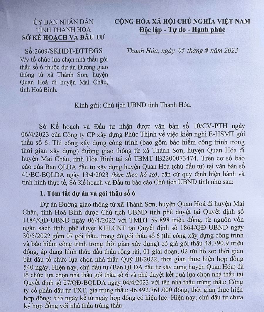 Công văn của Sở KH&amp;ĐT trình Chủ tịch UBND tỉnh Thanh Hóa.