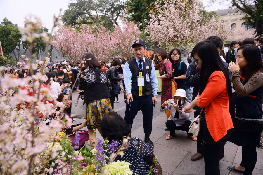 Những hình vi phản cảm như ngồi lên thềm hoa, bẻ cành, ngắt hoa, trèo qua hàng rào ngay lập tức được các đơn vị an ninh nhắc nhở.